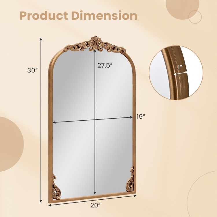 Arched gold vintage ornate mirror with metal frame, dimensions 30"x20", ideal for entryways and living rooms.