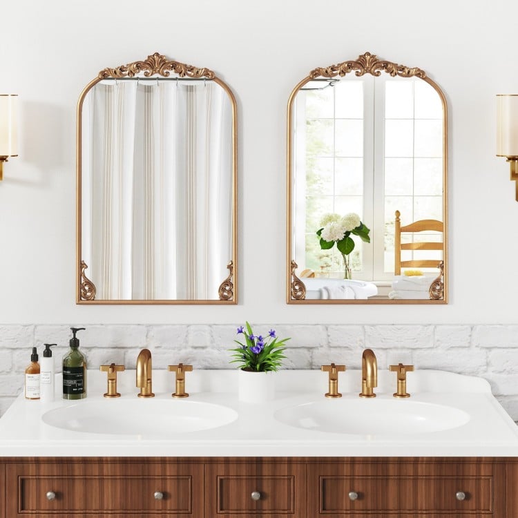 Arched gold vintage ornate mirrors with metal frames, perfect for enhancing entryways or bathrooms.