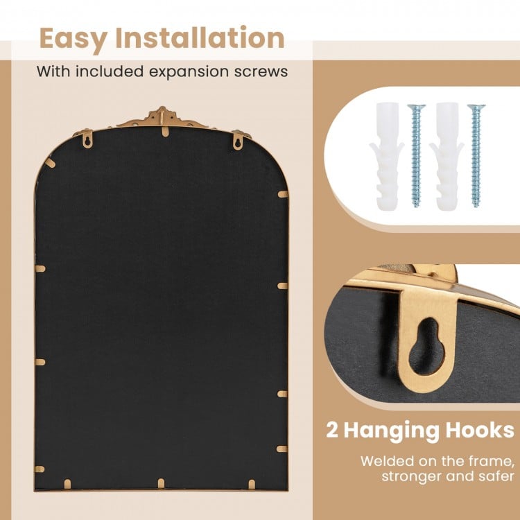 Arched vintage gold metal frame mirror with ornate design, featuring 2 hanging hooks for easy installation.