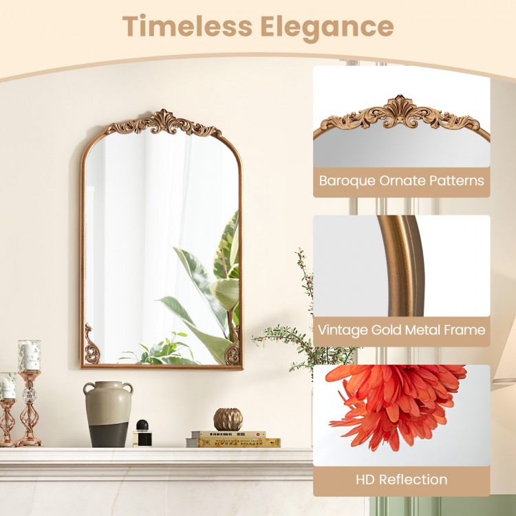 Arched wall mirror with vintage gold metal frame and baroque ornate patterns, perfect for living rooms and entryways.