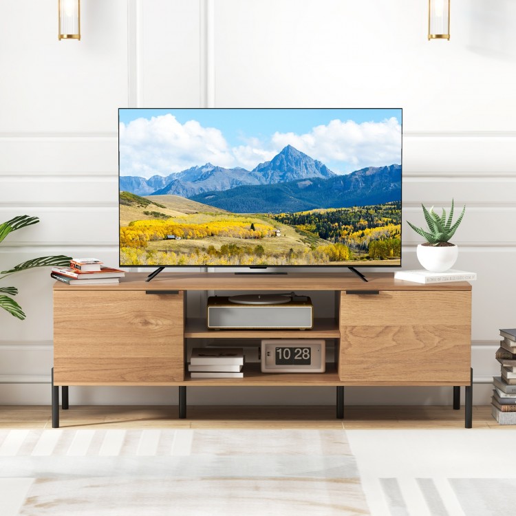 2-Door TV stand in natural finish with open shelves and charging station, suitable for TVs up to 65 inches.
