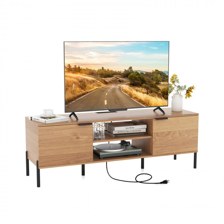 2-door TV stand in natural finish with open shelves, accommodating TVs up to 65 inches, featuring a charging station.
