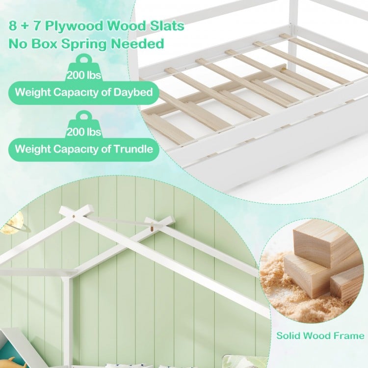 House-shaped kids twin bed with trundle, solid wood frame, and plywood slats for sturdy support and creative decor.