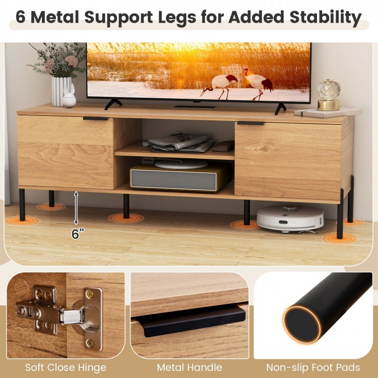 2-door TV stand with open shelves, 6 metal support legs, and charging station for TVs up to 65 inches, ideal for media.