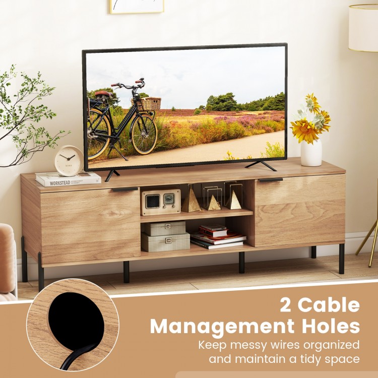 2-door TV stand with open shelves and cable management holes, designed for TVs up to 65 inches, in natural finish.