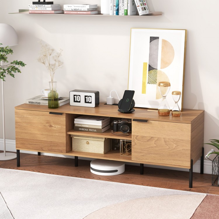 Natural 2-door TV stand with open shelves, charging station, and soft close hinges, ideal for TVs up to 65 inches.