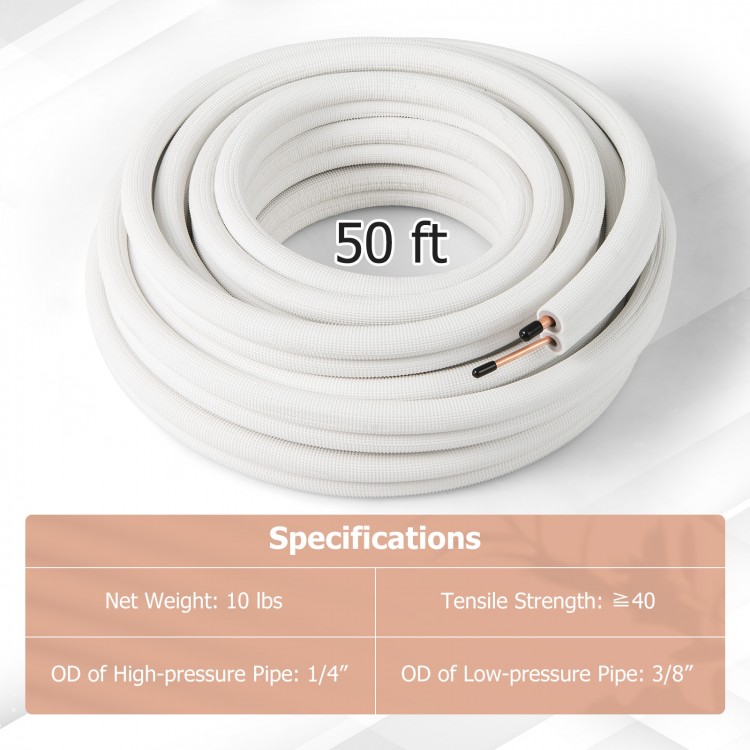50 feet mini split line set featuring 1/4" and 3/8" O.D. copper pipes with 3-layer insulation for superior thermal.