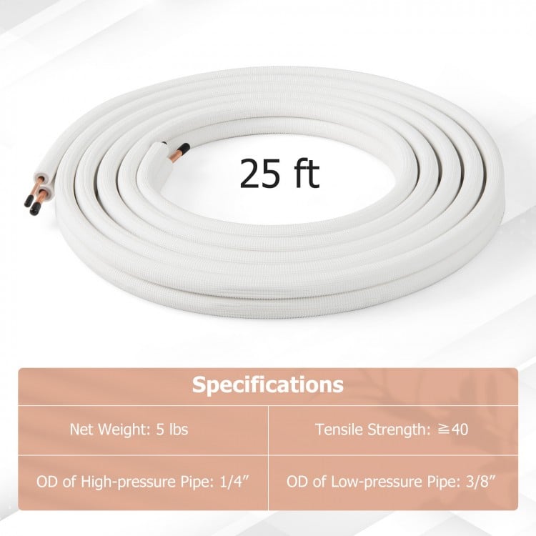 25 ft mini split line set featuring 1/4" and 3/8" O.D. copper pipes for superior thermal conductivity and insulation.
