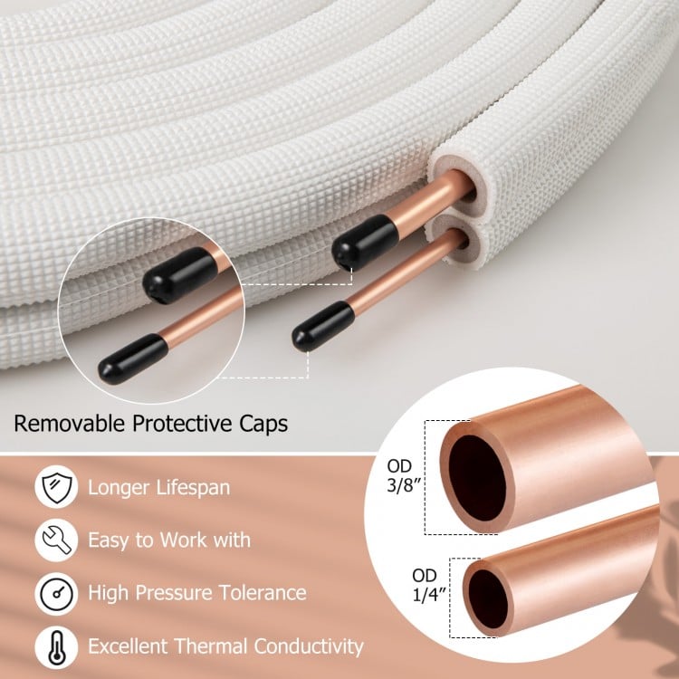 25 feet mini split line set featuring 1/4" and 3/8" O.D. copper pipes with 3-layer insulation for superior thermal.