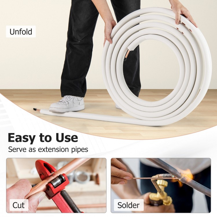 25 feet mini split line set with 1/4" and 3/8" O.D. copper pipes, easy to unfold, cut, and solder for air conditioning.