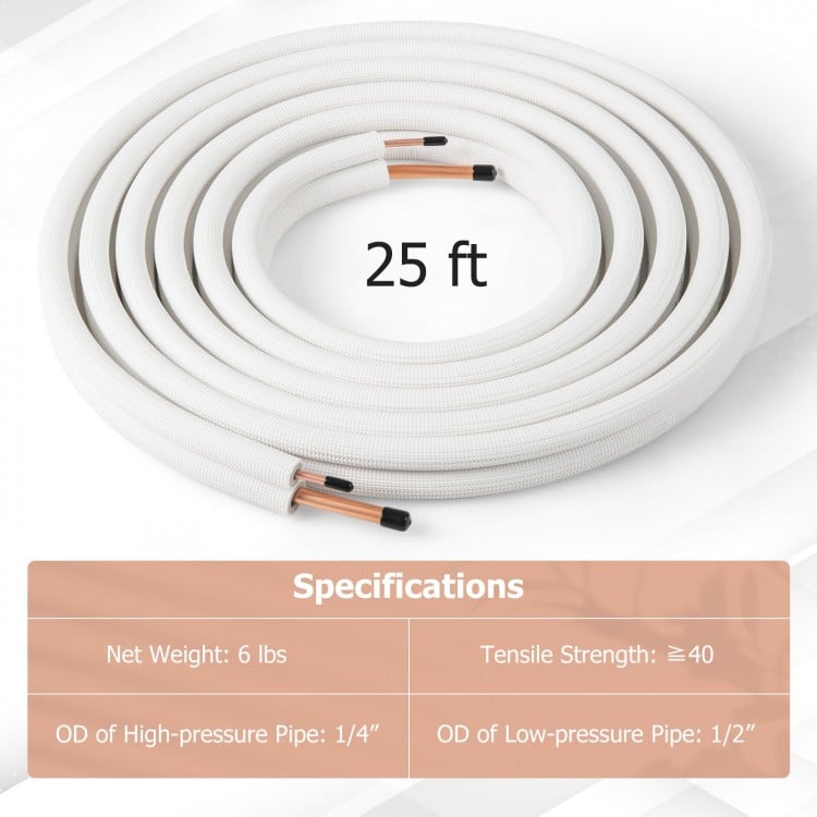 25-foot mini split line set featuring 1/4" and 1/2" O.D. copper pipes with 3-layer insulation for superior thermal.