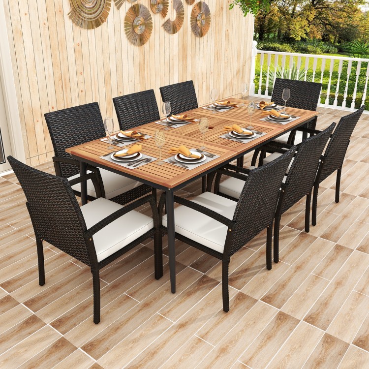 9-Piece Patio Dining Set with Umbrella Hole and 8 Rattan-woven Dining Chairs with Seat Cushions - Gallery View 1 of 7