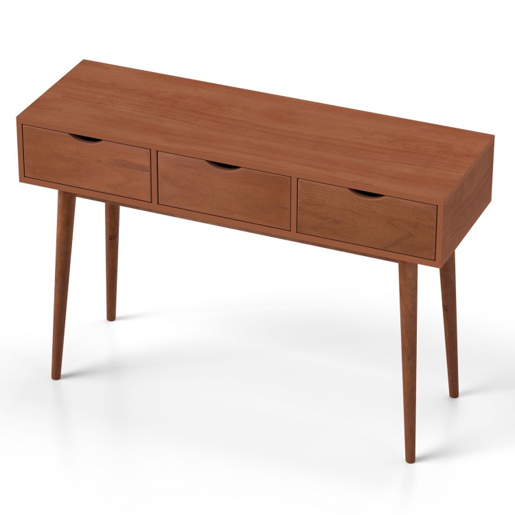 48-inch walnut writing desk with three drawers, solid wood legs, and a spacious surface for organizing workspace.