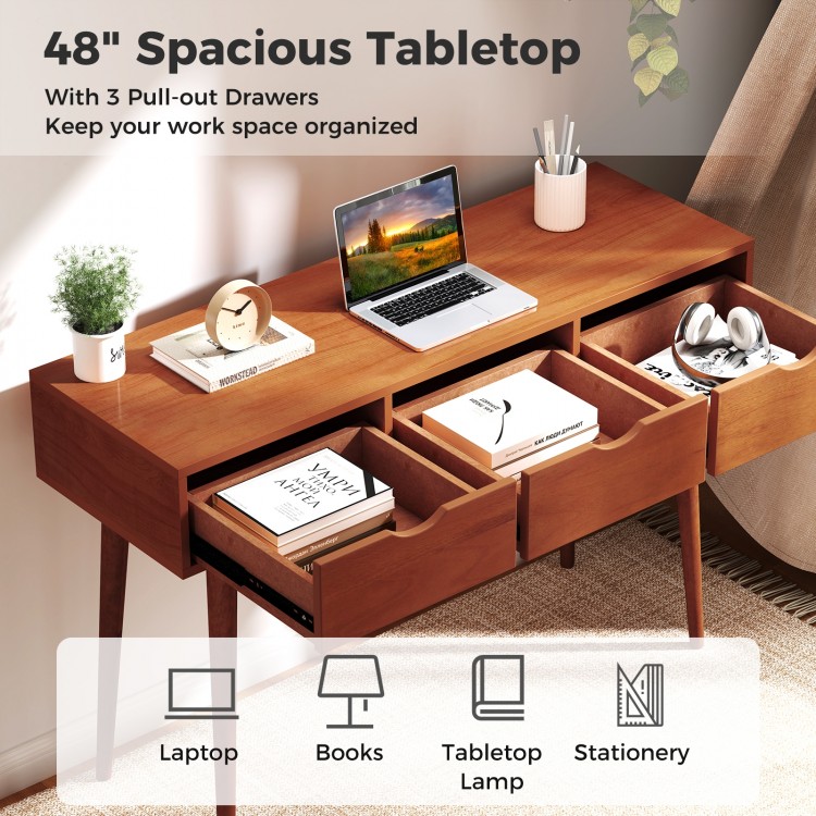 48-inch writing computer desk with walnut finish, featuring 3 pull-out drawers for organized workspace and solid wood.