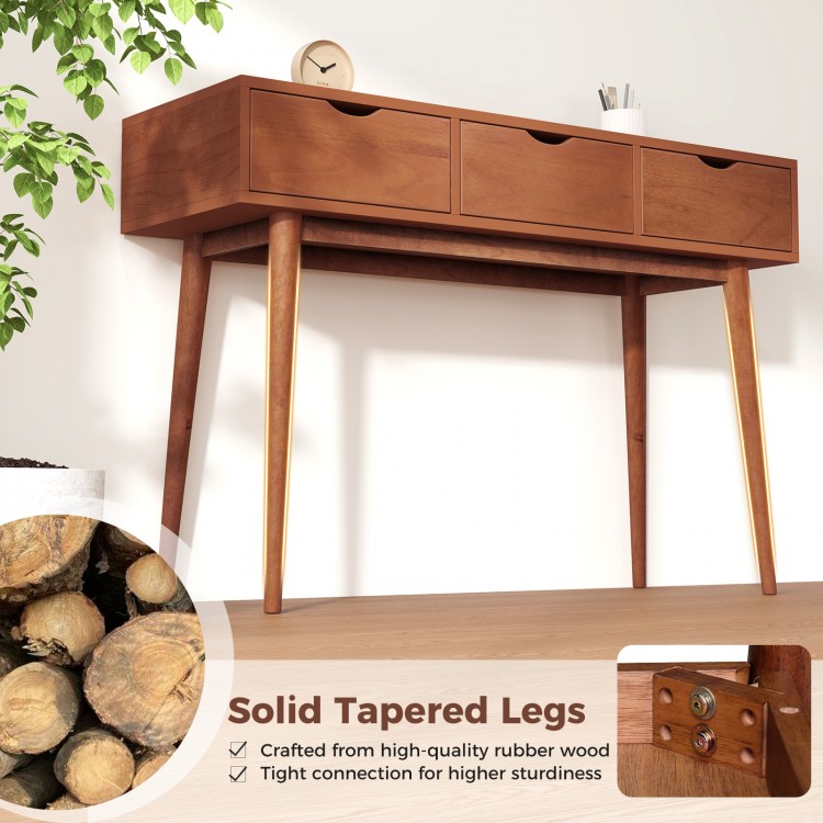48-inch writing desk with walnut finish, featuring three drawers and solid tapered legs for sturdy support and.