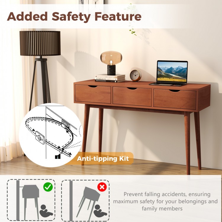 48-inch writing desk with solid wood legs in walnut, featuring 3 drawers and an anti-tipping kit for added safety.