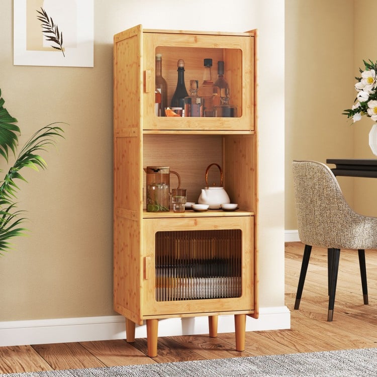 3-cube bamboo storage cabinet with open compartment and 2 acrylic doors, ideal for versatile home organization.