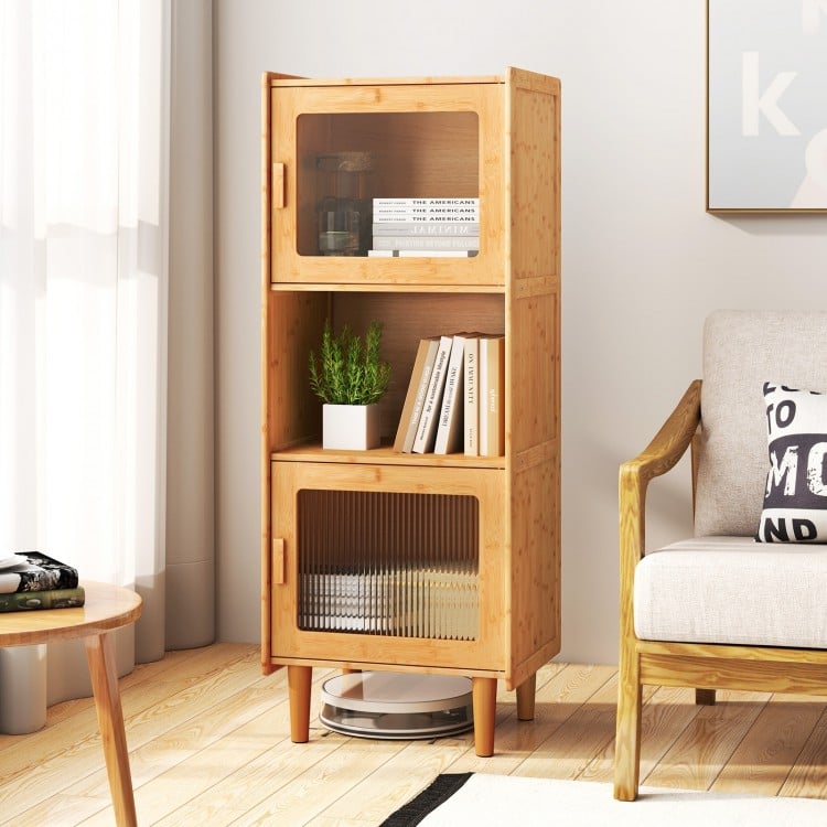 3-cube bamboo storage cabinet with open compartment and acrylic doors, perfect for versatile home organization.