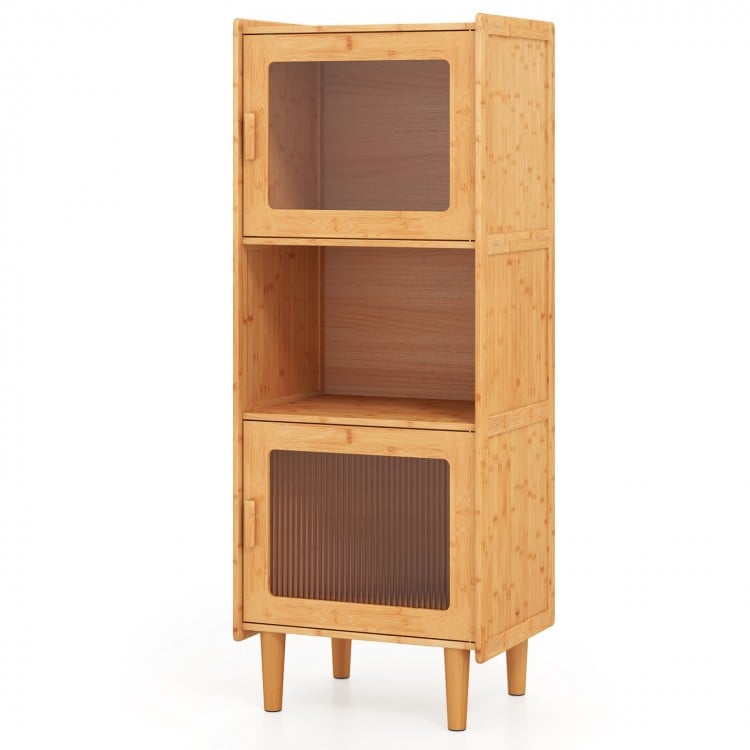 Bamboo storage cabinet with open compartment and two acrylic doors, ideal for versatile home organization.