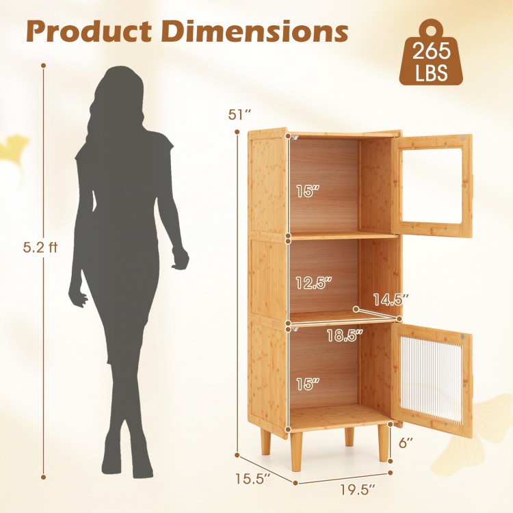 3-cube bamboo storage cabinet with open compartment and acrylic doors, ideal for versatile home organization.