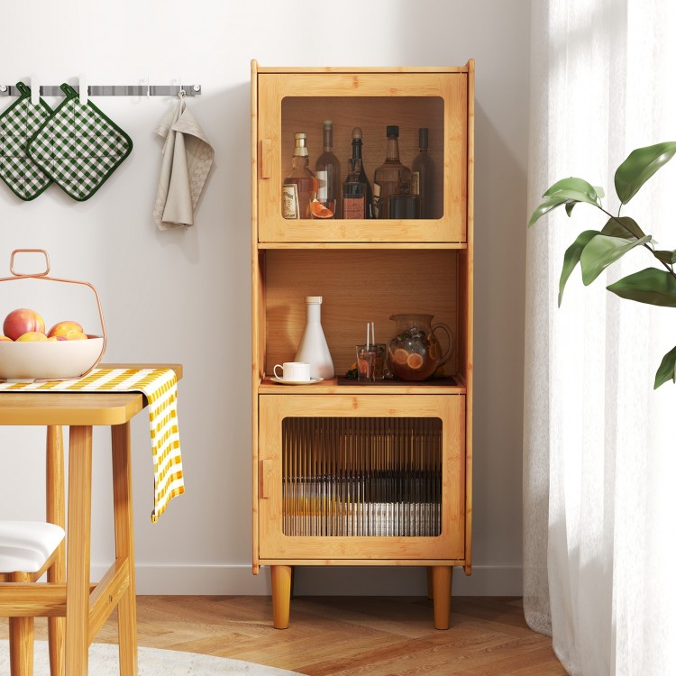 Bamboo storage cabinet with open compartment and acrylic doors, ideal for kitchen or living room organization.