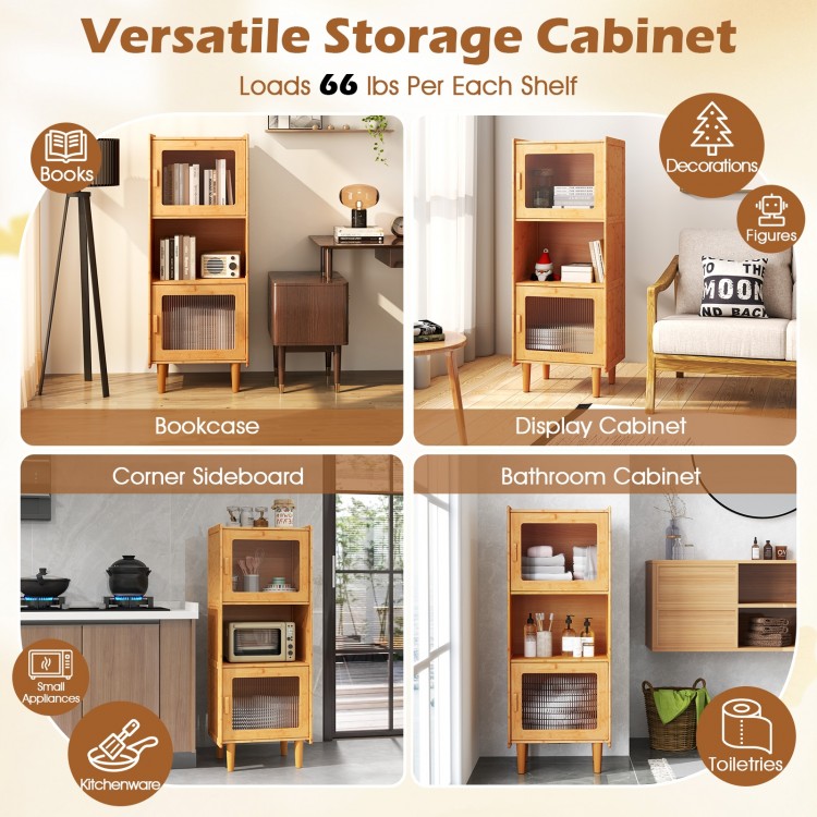 3-cube bamboo storage cabinet with open compartment and acrylic doors, ideal for versatile storage in any room.