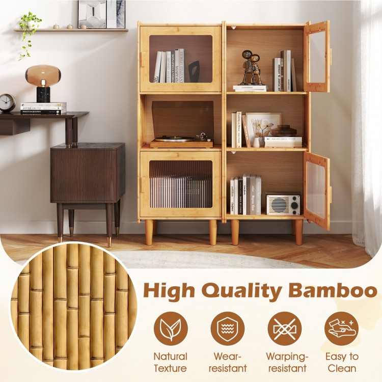 3-cube bamboo storage cabinet with acrylic doors, natural finish, ideal for versatile storage in any room.