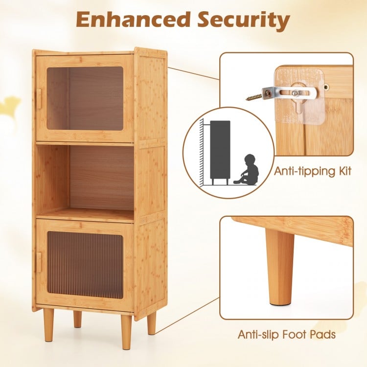 3-cube bamboo storage cabinet with textured acrylic doors, open compartment, and anti-slip foot pads for versatile use.