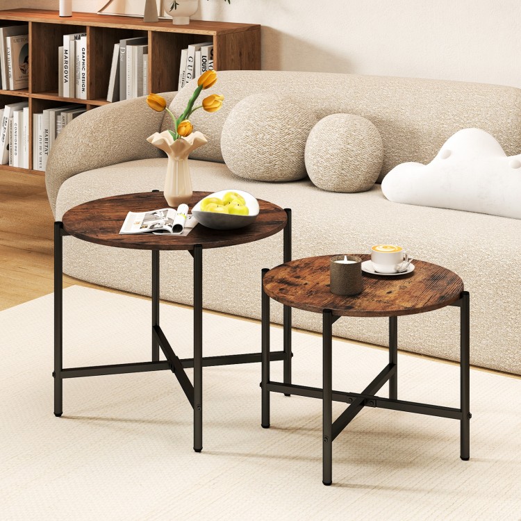 Round coffee table set of 2 in rustic brown with heavy-duty metal frame, perfect for living room or balcony use.