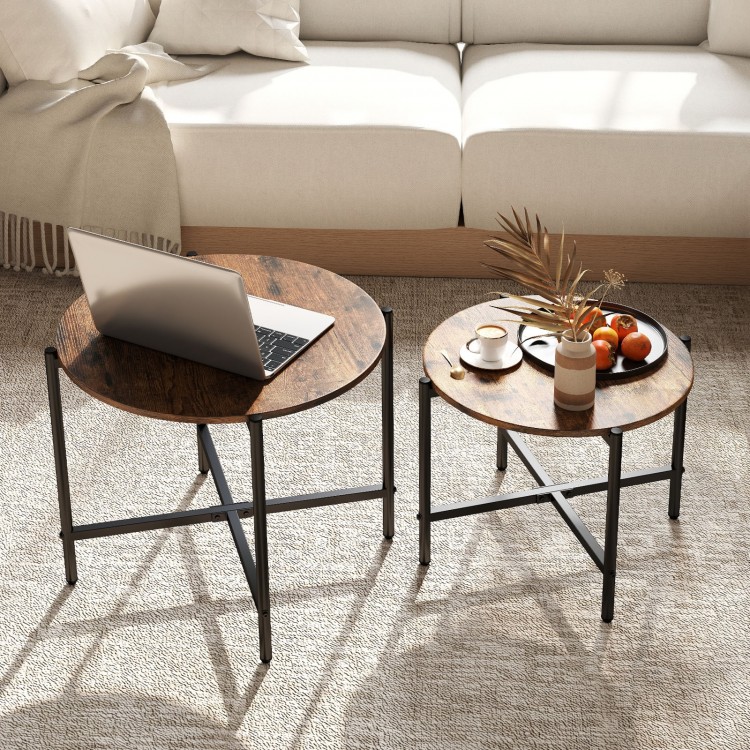 Round coffee table set of 2 in rustic brown with heavy-duty metal frame, perfect for living room or bedroom use.