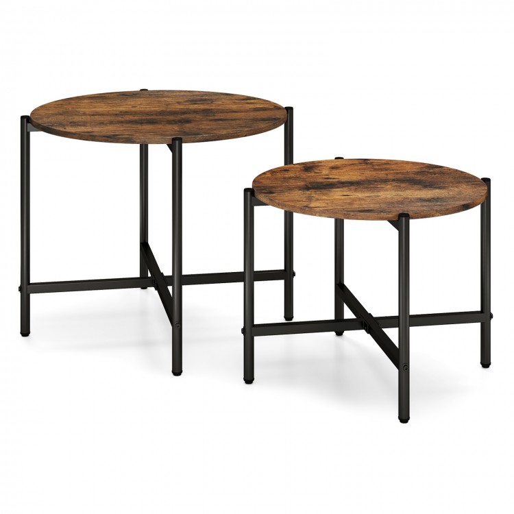 Round coffee table set of 2 with rustic brown tops and heavy-duty metal frame, perfect for versatile living room use.