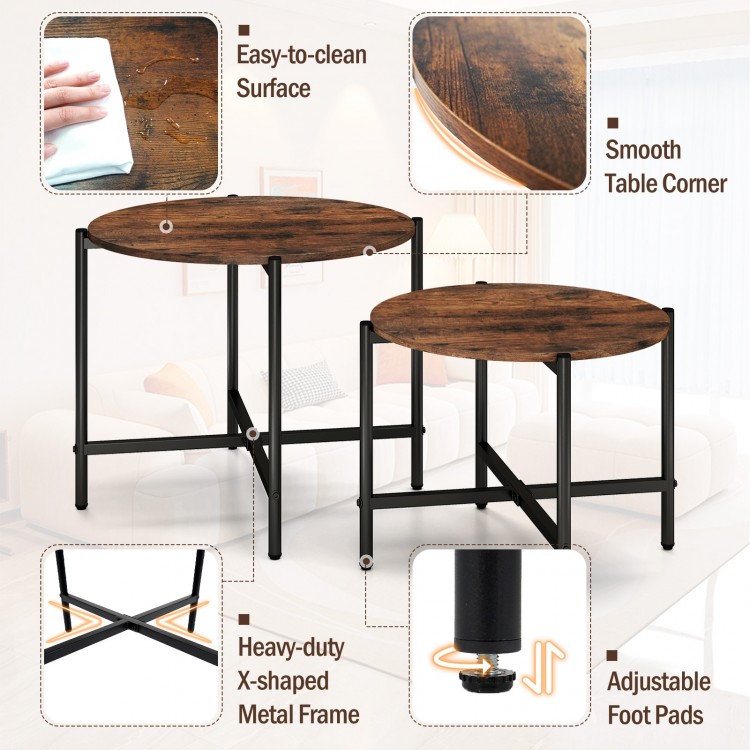 Rustic brown round coffee table featuring smooth corners and adjustable foot pads, ideal for versatile use in any room.