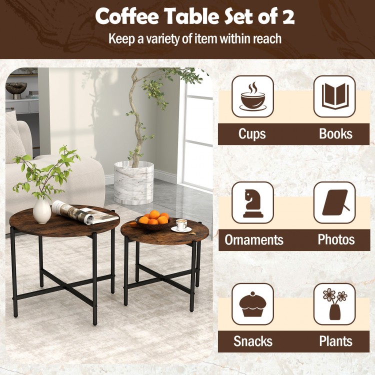 Rustic brown round coffee table set of 2 showcasing a smooth surface and X-shaped metal frame, ideal for snacks and.