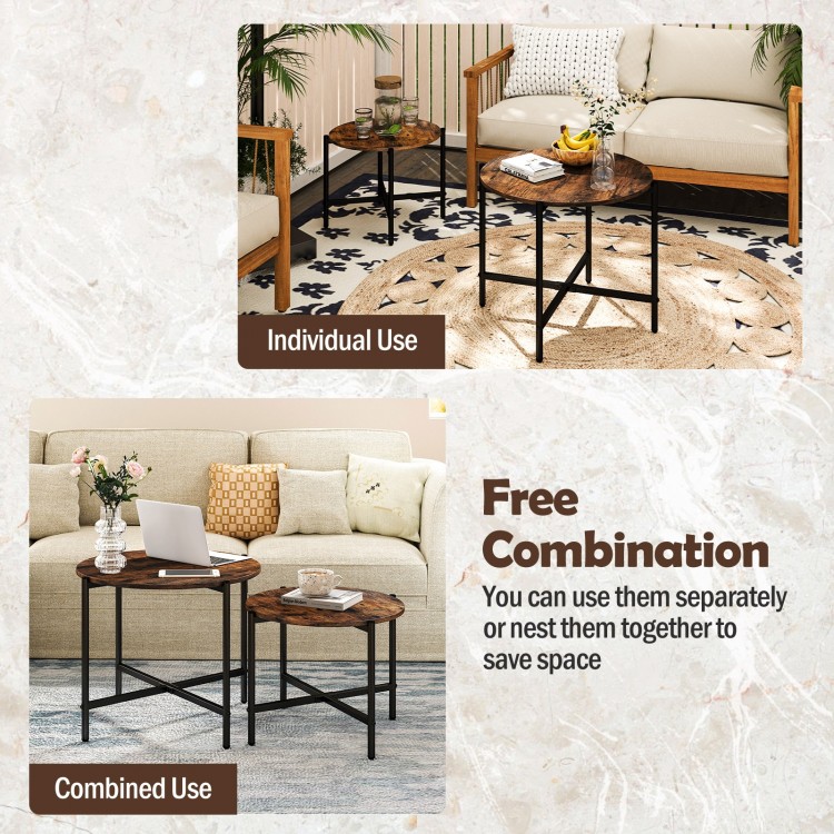 Round coffee table set of 2 in rustic brown with heavy-duty metal frame, perfect for versatile living room use.