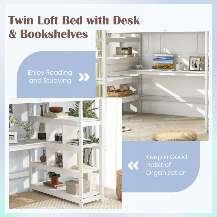Twin loft bed with desk and bookshelves in white, promoting organization and study space for kids.