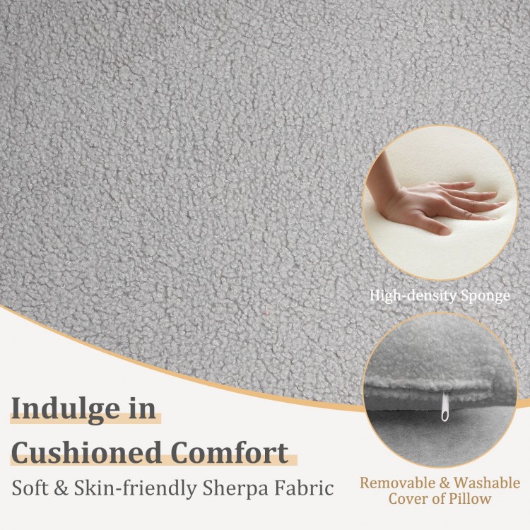 Gray modern accent chair with soft sherpa upholstery, ergonomic armrests, and removable waist pillow for added comfort.
