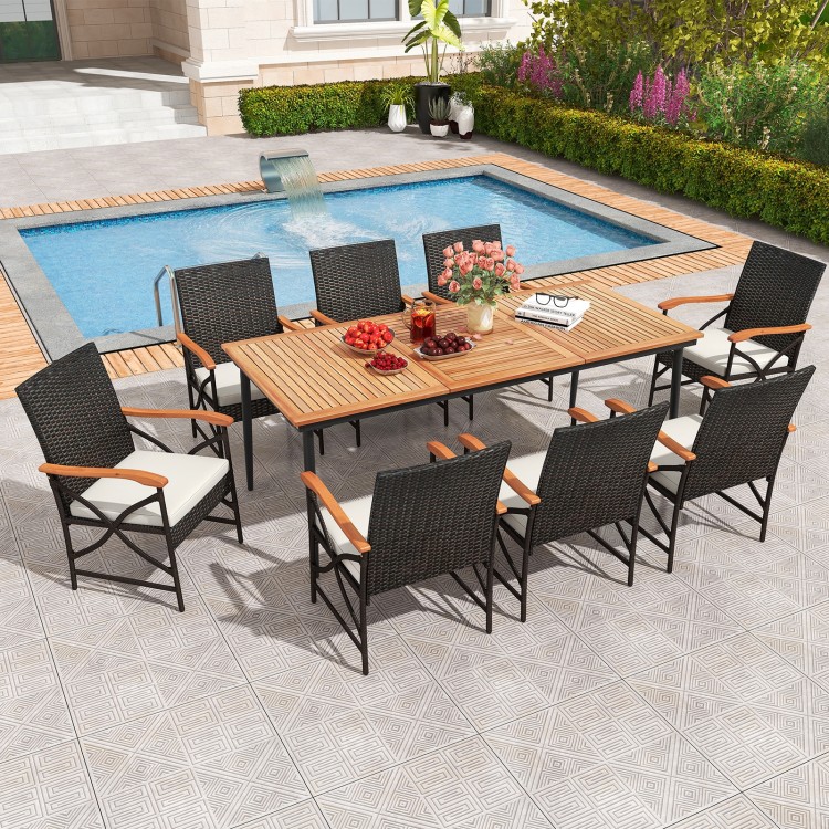 79 Inch Outdoor Acacia Wood Dining Table and 8 Rattan-woven Dining Chairs with Umbrella Hole - Gallery View 1 of 7