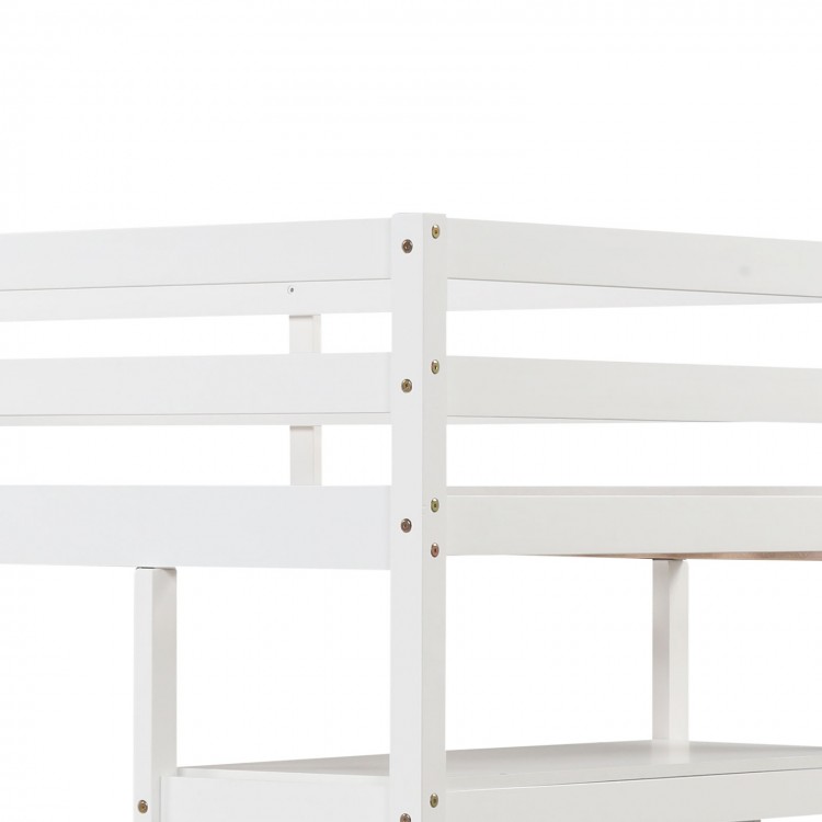 Twin size loft bed frame in white with integrated desk, shelves, and safety guardrails for space-saving organization.
