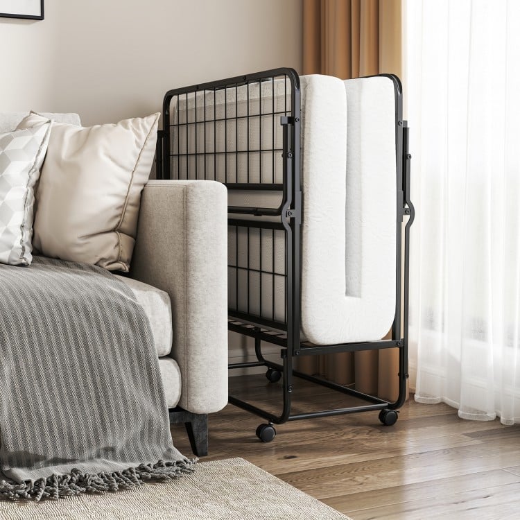 Twin size folding bed with memory foam mattress, featuring reinforced crossbars for added stability and easy setup.