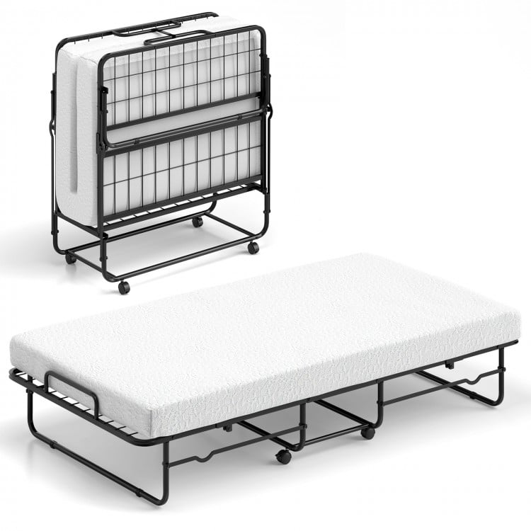Twin size folding bed with memory foam mattress, heavy-duty metal frame, and wheels for easy mobility and storage.