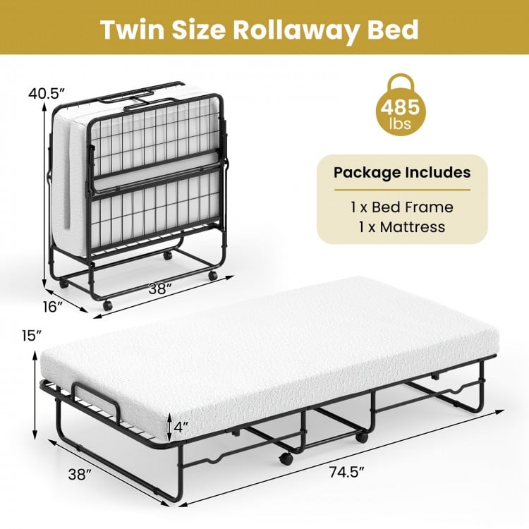 Twin size folding bed with memory foam mattress, heavy-duty metal frame, and breathable bamboo fabric for comfort.
