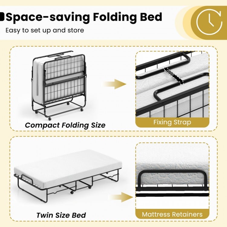 Twin size folding bed with memory foam mattress, heavy-duty metal frame, and compact design for easy storage.