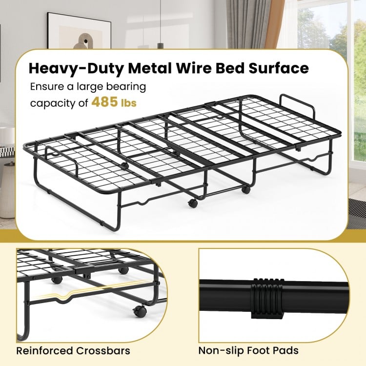 Twin size folding bed with heavy-duty metal frame, featuring a 485 lbs capacity and non-slip foot pads for stability.
