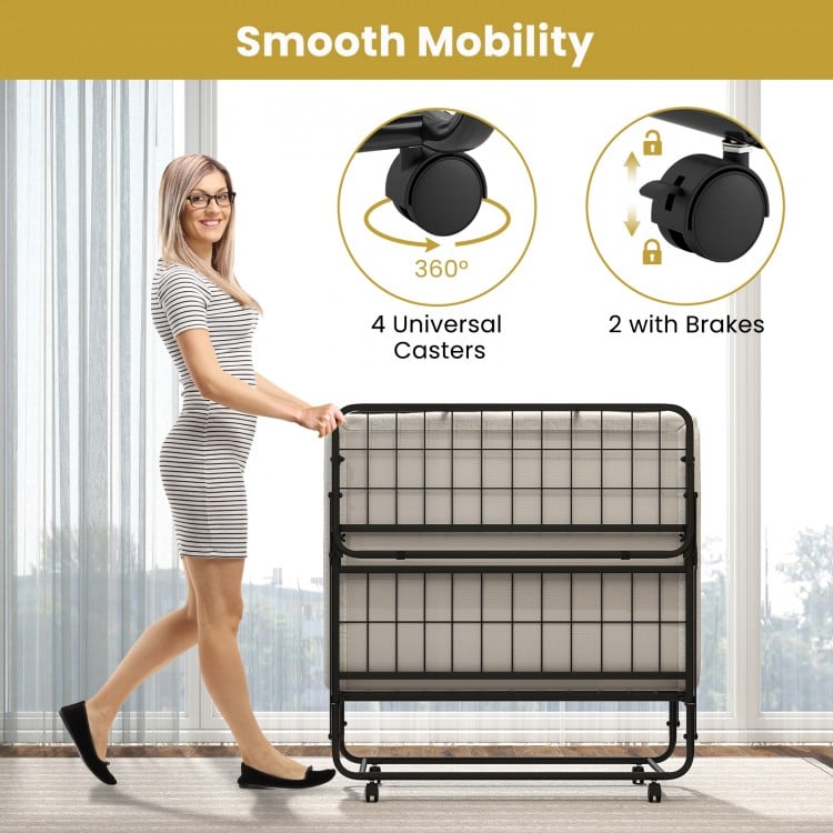Twin size folding bed with memory foam mattress, heavy-duty metal frame, and 4 universal casters for easy mobility.