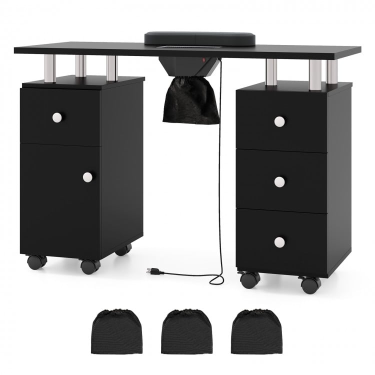 Black manicure table featuring a large MDF surface, electric dust collector, and 8 lockable rolling wheels for easy.