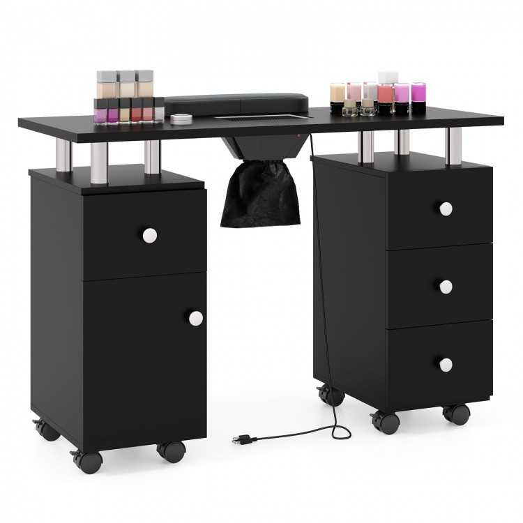 Manicure table in black with electric dust collector, 3 drawers, and rolling wheels for a tidy workspace.