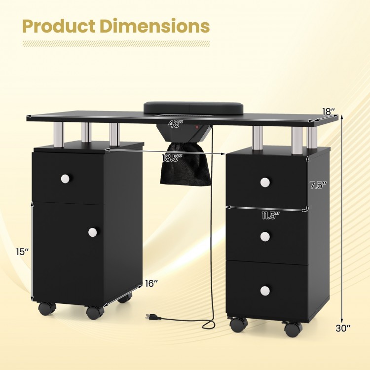 Manicure table with electric dust collector, 3 drawers, and rolling wheels, designed for a tidy workspace.