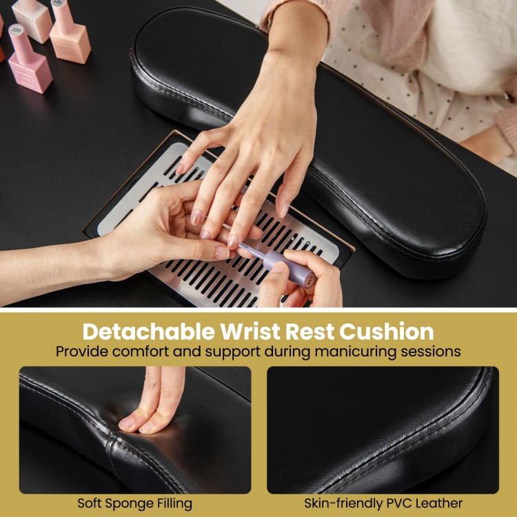 Detachable wrist rest cushion in soft sponge filling and PVC leather for comfort during manicuring sessions.