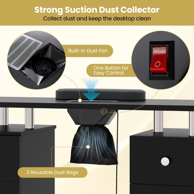 Manicure table with electric dust collector, 3 reusable bags, and a black MDF surface for a clean workspace.