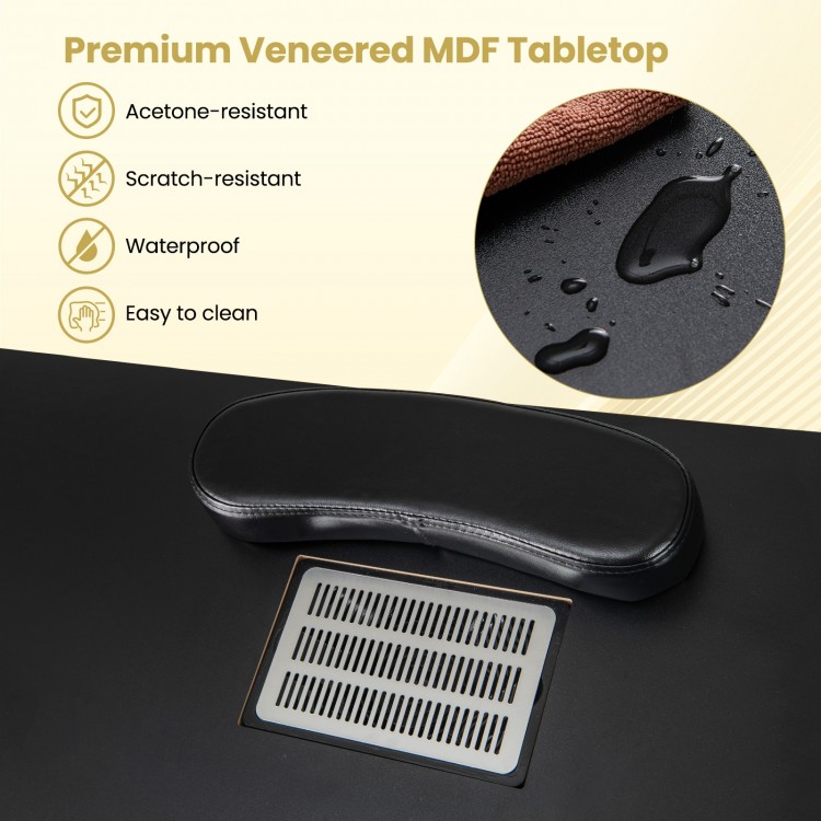 Manicure table with premium MDF tabletop, electric dust collector, and wrist rest cushion for comfortable nail care.